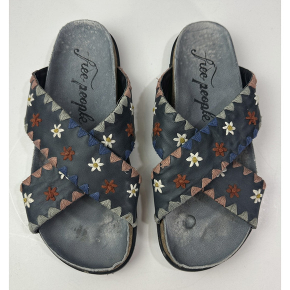 Free People Wildflowers Embroidered Floral Sandals Blue Slides Size 38 US 7.5 - Picture 2 of 11